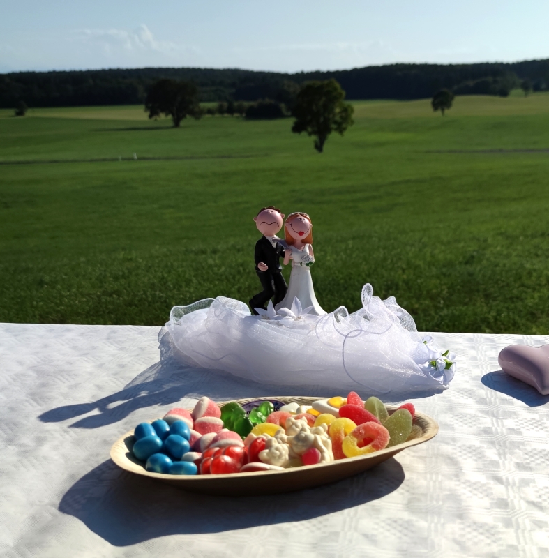 Sehr dekorative Süßigkeitenplatte für ihre Hochzeit als Teil der Candybar oder für die Tische ihrer Hochzeitsgäste. Inhalt 450g Süßigkeiten ihrer Wahl. Die Ovale Platte besteht aus Palmblatt